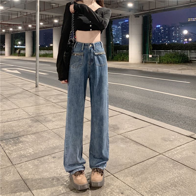 美式復古直筒牛仔褲女春秋季新款顯瘦大碼胖mm高腰拖地闊腿褲子潮