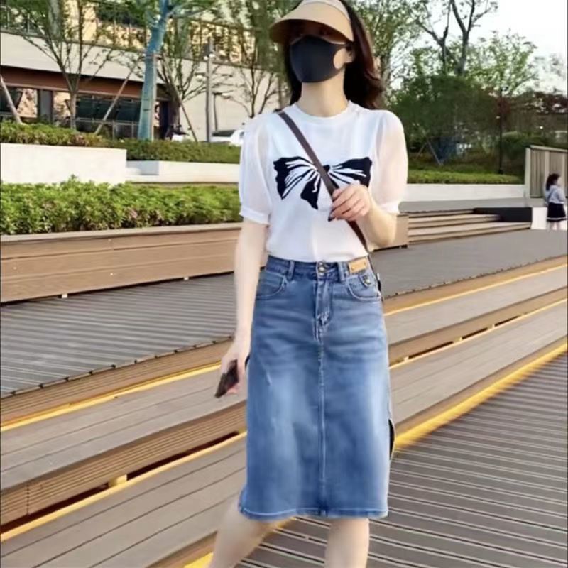 藍海奕諾圓領冰絲短袖T恤牛仔半身裙套裝女2023夏新款顯瘦兩件套