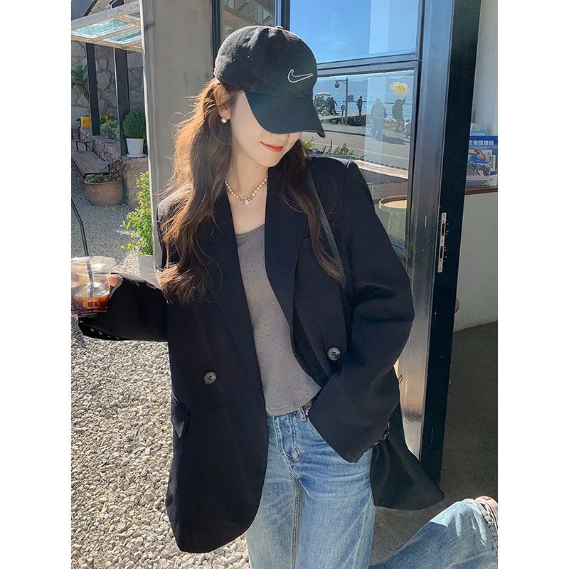 Black suit for women 2023 spring and autumn thin loose Korean style casual small suit design niche small man jacket