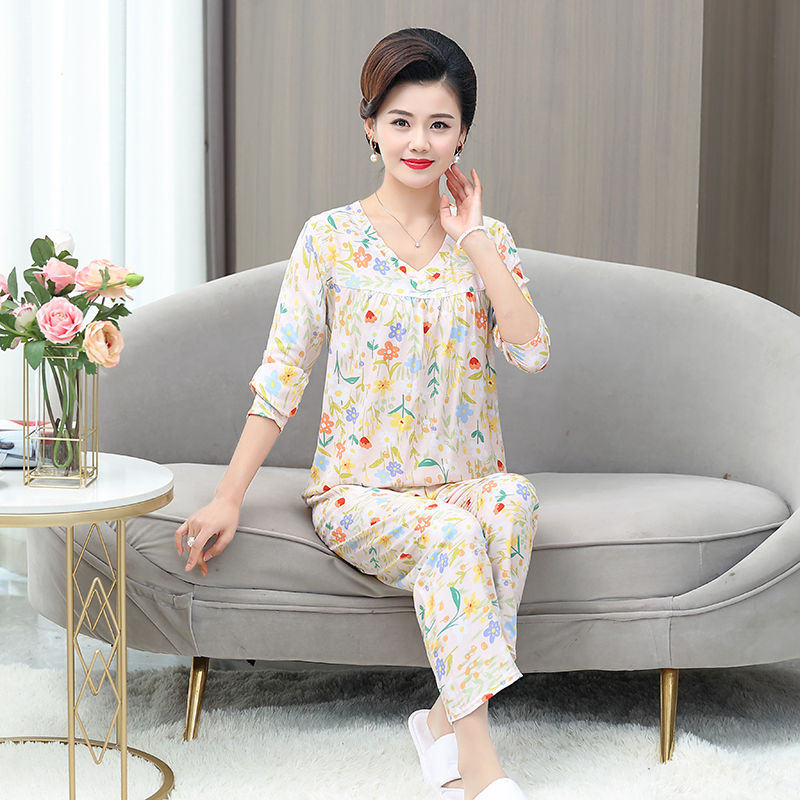 Summer pajamas women's new mother's cotton silk home service suit V-neck long-sleeved trousers home loose two-piece set