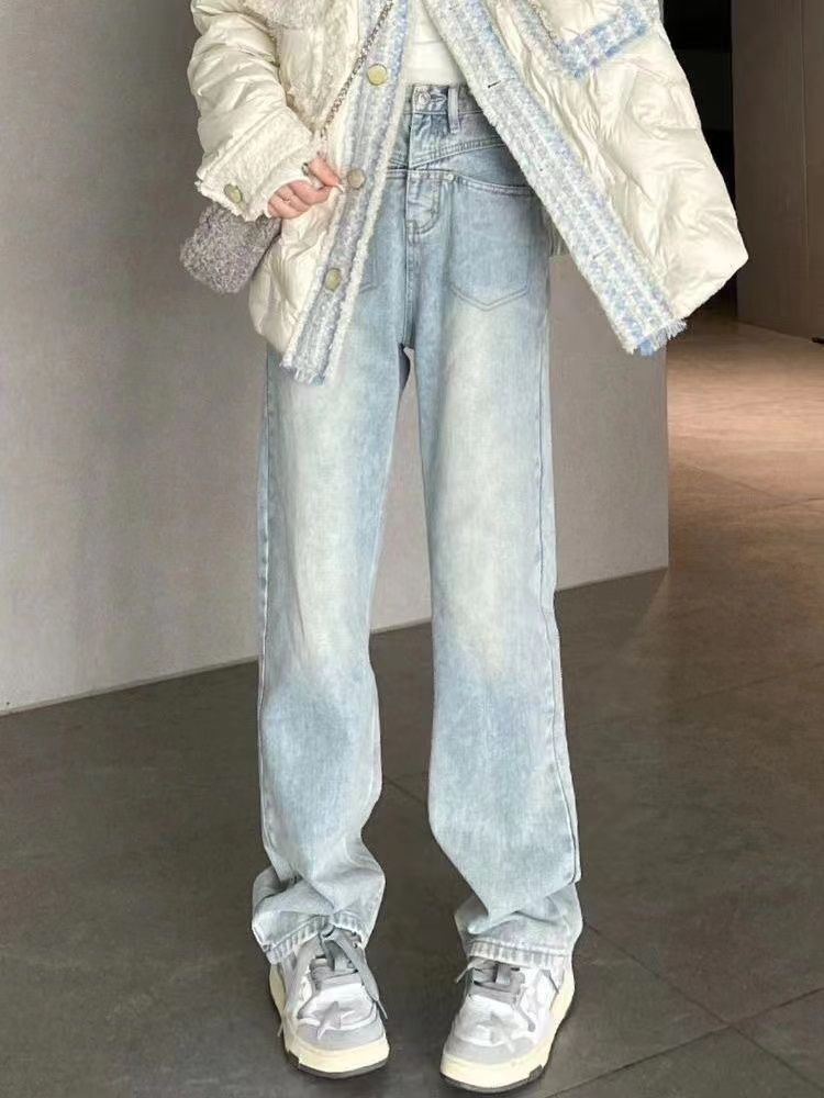 大碼胖mm淺色直筒牛仔褲女2023春秋新款高腰顯瘦設計感垂感拖地褲