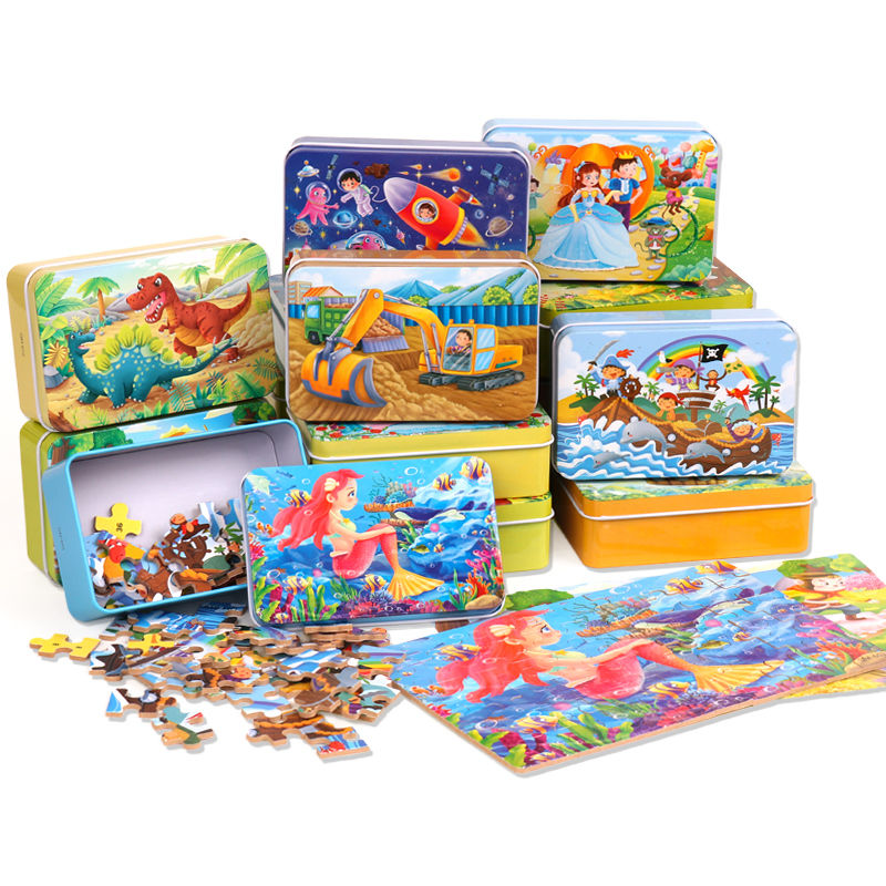 儿童拼图60片/100/200铁盒装双面智力拼图益智玩具3到6岁木质拼图
