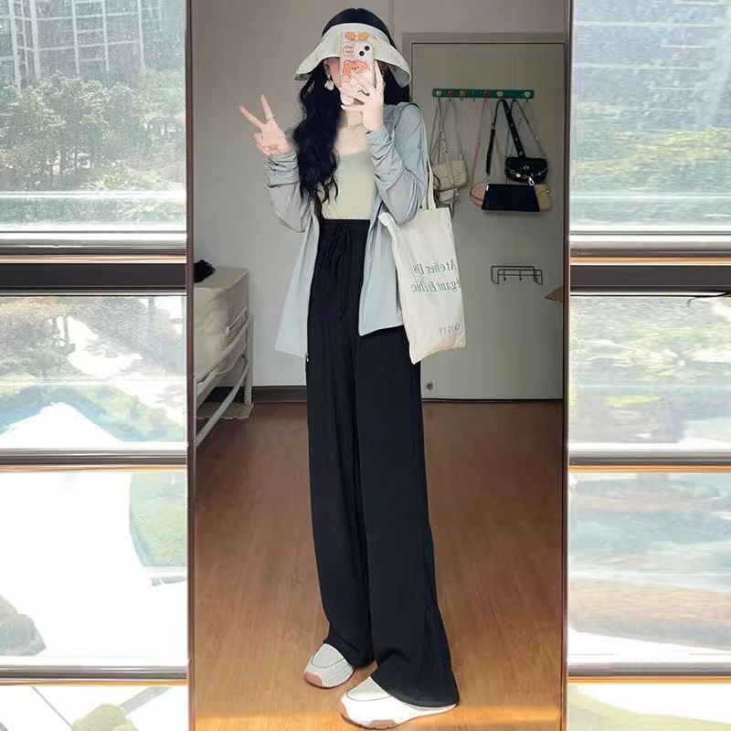 深灰色冰絲闊腿褲女夏季薄款高腰垂感寬鬆韓版顯瘦休閒防蚊涼涼褲