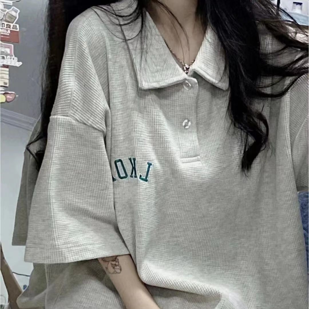 華夫格刺繡polo衫港風復古短袖t恤女夏季設計感小眾體恤寬鬆上衣