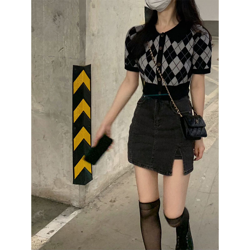 2023 summer new denim short skirt women's half skirt high waist slimming a-line skirt large size fat MM design sense skirt