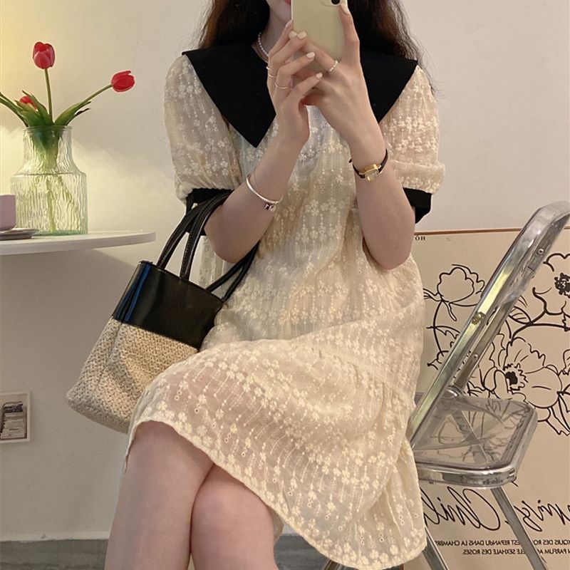 French-style doll collar dress women's summer can be salty and sweet temperament high-level sense of covering flesh and thin bubble short-sleeved skirt