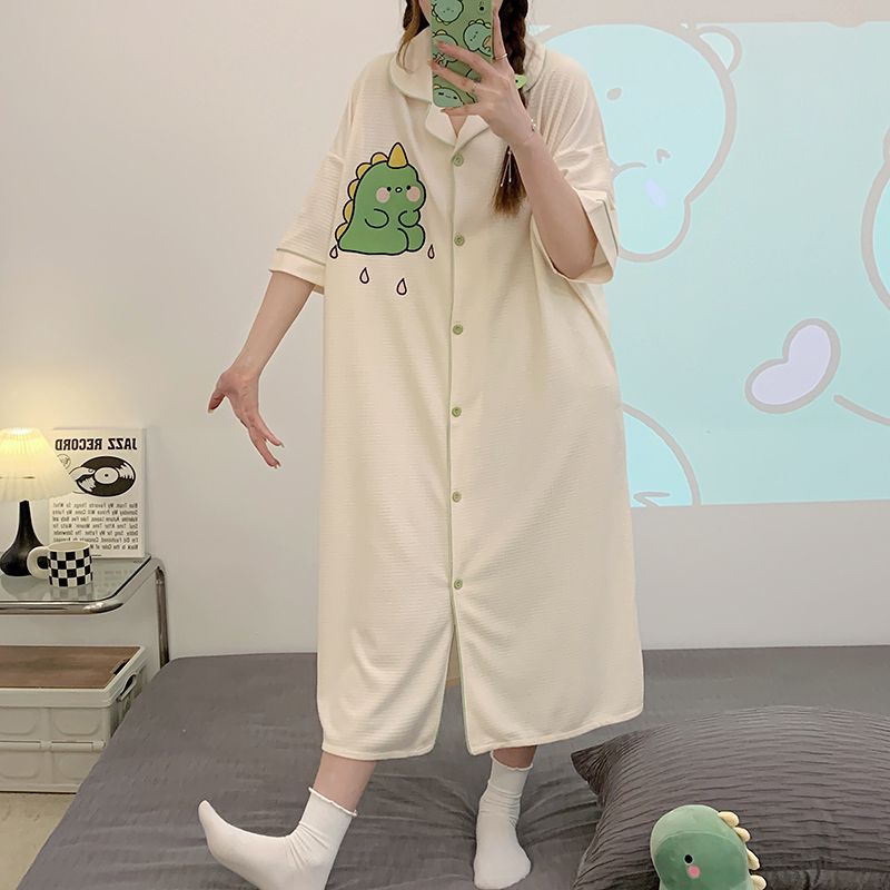 Nightdress women's spring and summer short-sleeved cardigan pajamas large size long summer sweet and cute students can wear home clothes