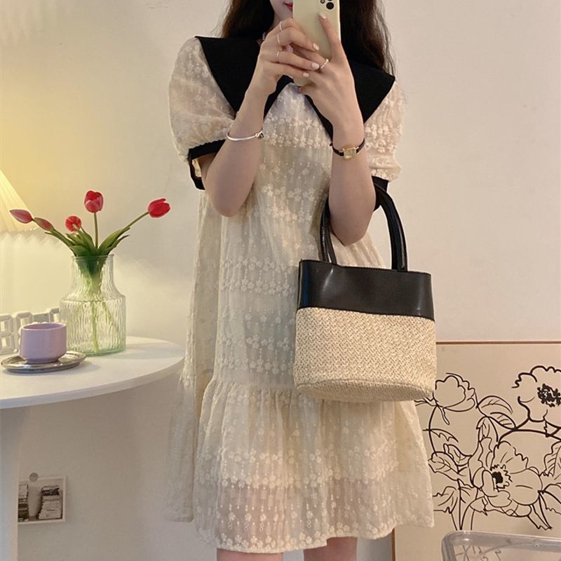 French-style doll collar dress women's summer can be salty and sweet temperament high-level sense of covering flesh and thin bubble short-sleeved skirt