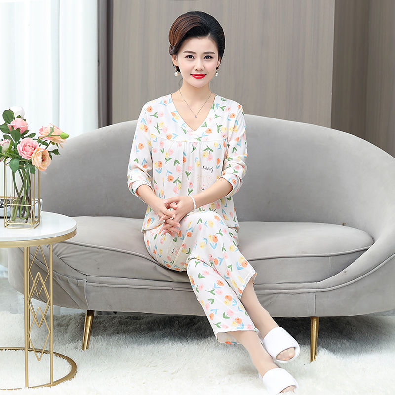 Summer pajamas women's new mother's cotton silk home service suit V-neck long-sleeved trousers home loose two-piece set