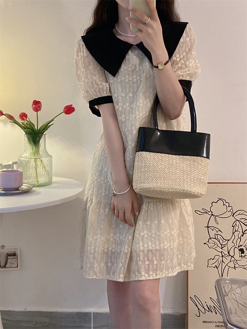 French-style doll collar dress women's summer can be salty and sweet temperament high-level sense of covering flesh and thin bubble short-sleeved skirt