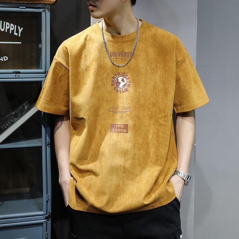 Retro round neck half-sleeved suede t-shirt summer trendy brand drape loose American new style comfortable casual short-sleeved T-shirt