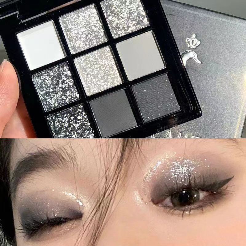 歐美九色眼影盤珠光細閃暗黑系黑天鵝清冷小煙熏純野妝黑色水泥盤