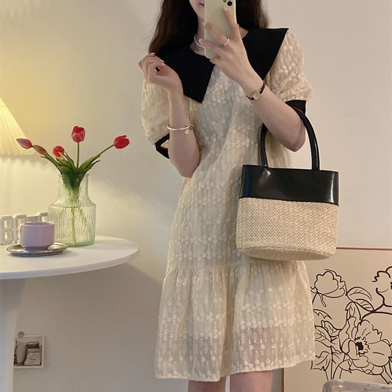 French-style doll collar dress women's summer can be salty and sweet temperament high-level sense of covering flesh and thin bubble short-sleeved skirt