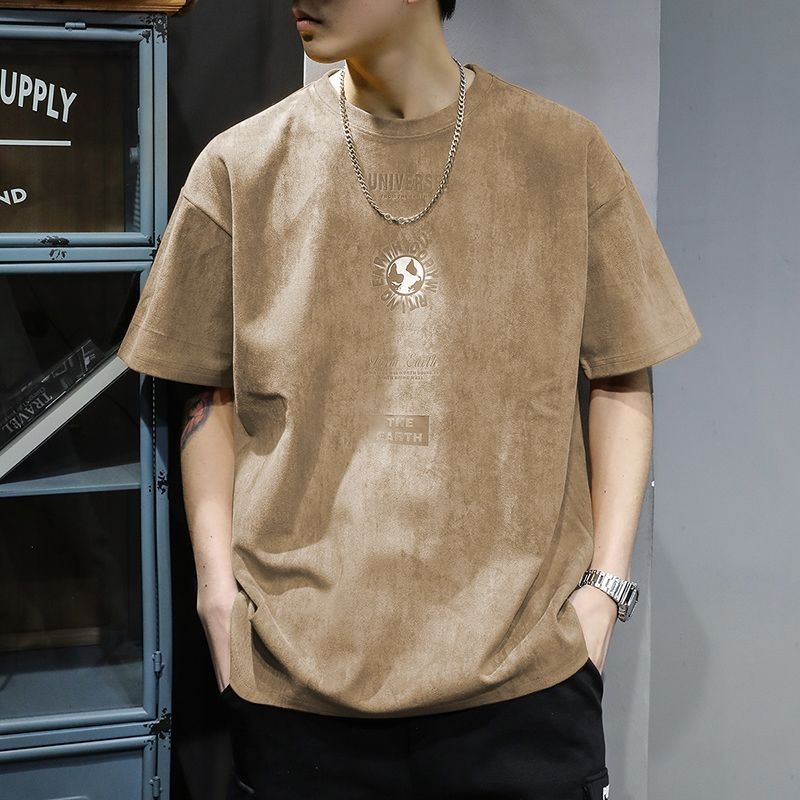 American retro round neck suede T-shirt summer trendy brand drape loose large size comfortable trendy all-match short-sleeved men