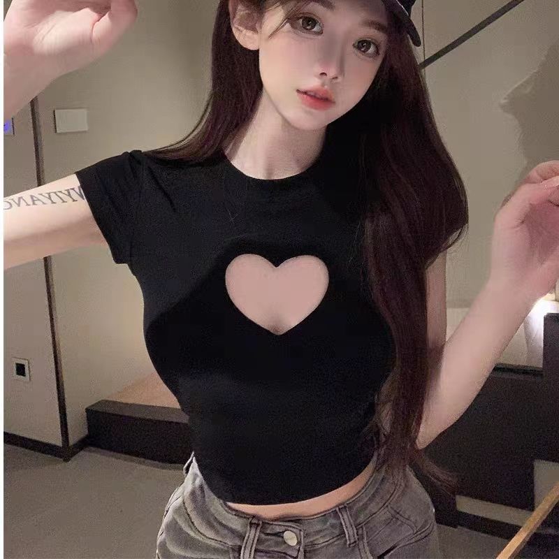 Pure desire style fashion sexy love hollow t-shirt girls summer new small all-match high waist crop top