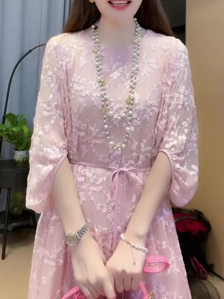 時尚重工刺繡連衣裙2023春夏新款高級韓版寬鬆顯瘦燈籠袖繡花長裙