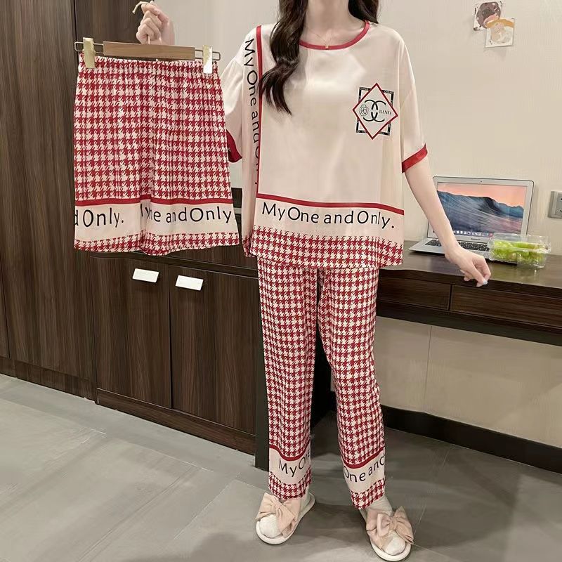 Ice and snow silk houndstooth three-piece pajamas women's summer short-sleeved thin net red new high-end sense of outerwear home clothes trend