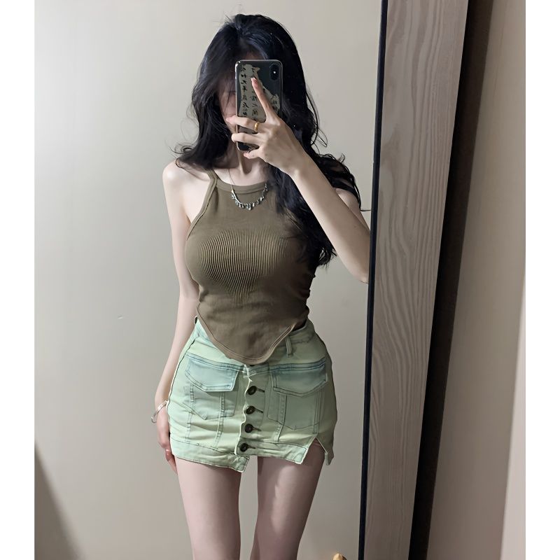 套裝女2023夏季新款美式辣妹修身吊帶+高腰牛仔包臀半身裙兩件套