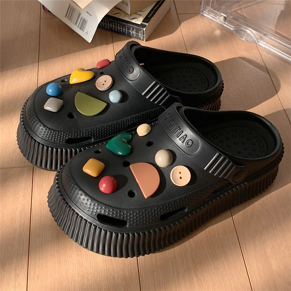 Thin strips retro Harajuku style eva heightened thick-soled hole shoes outer wear non-slip deodorant beach sandals and slippers for women summer