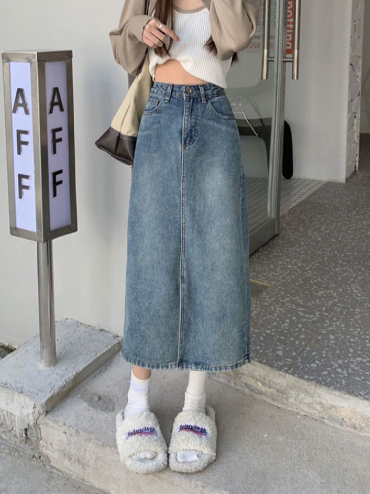 2023 summer mid-length denim skirt for big children all-match slit high waist a-line bag hip student skirt trendy