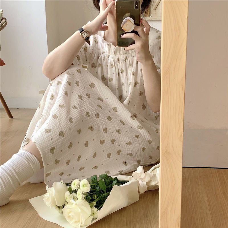 Korean super fairy small fresh nightdress female summer short-sleeved cute bear pajamas female summer ins girl home service