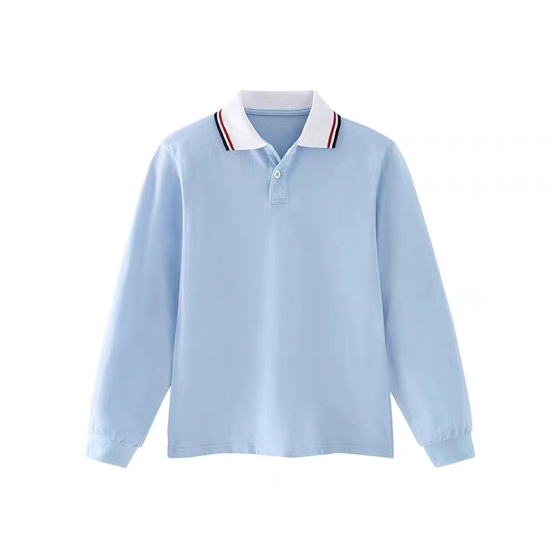 Children's light blue polo shirt lapel girls primary school T-shirt school uniform cotton British style boys sky blue long sleeves