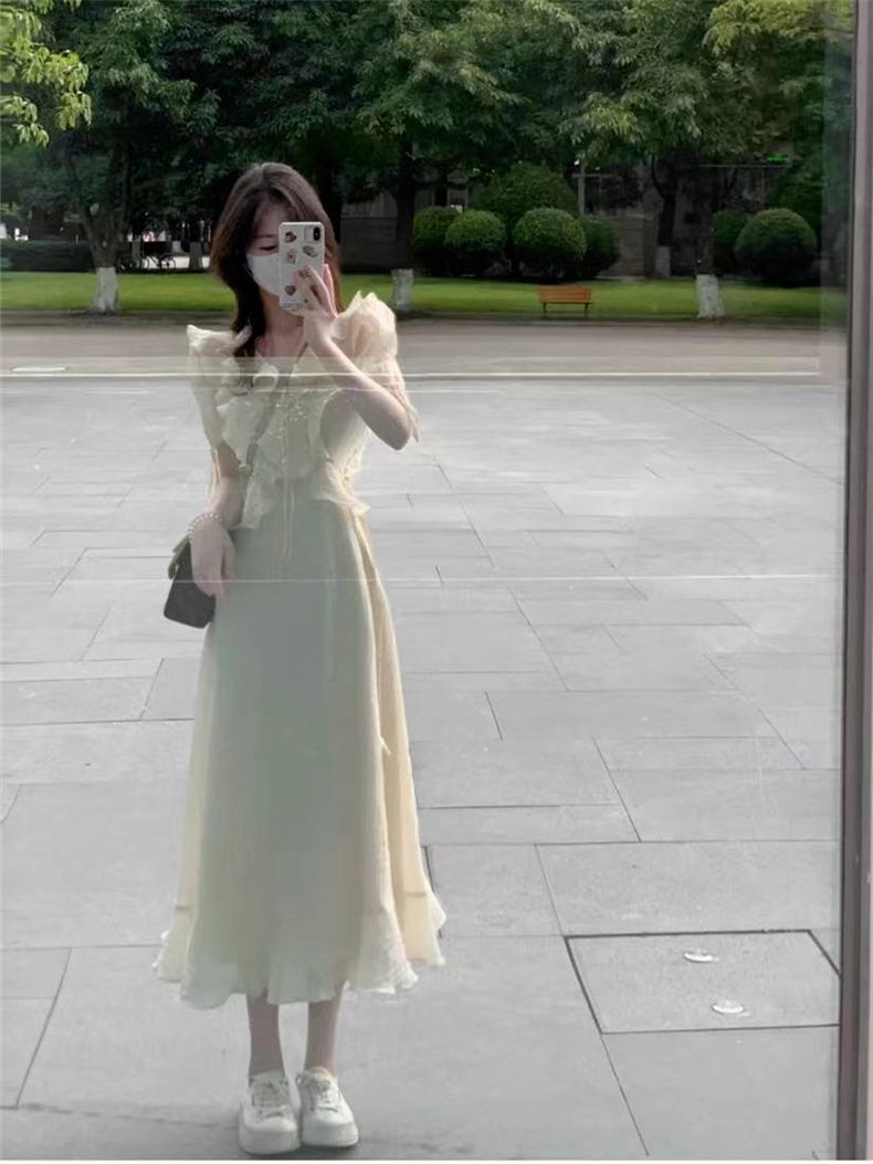  Summer New Gentle Wind Tea Break French Dress Women's Waist Slimming Falbala Ties Fairy Long Dress