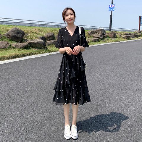 小雛菊雪紡碎花連衣裙2023新款女v領氣質顯瘦小個子a字裙子女夏季