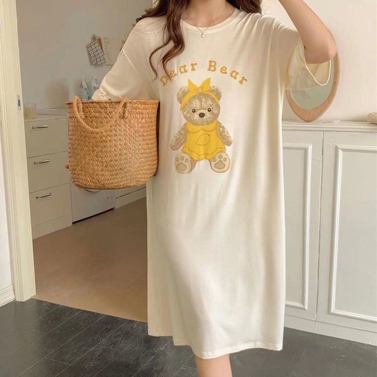 5XL中長款睡裙女夏季莫代爾可愛髮帶小熊睡衣短袖寬鬆柔軟家居服