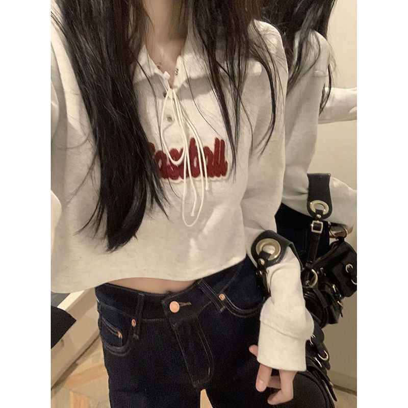 American POLO collar, thin and sweet, loose and cute French short tops for women with straps, spring niche long sleeves