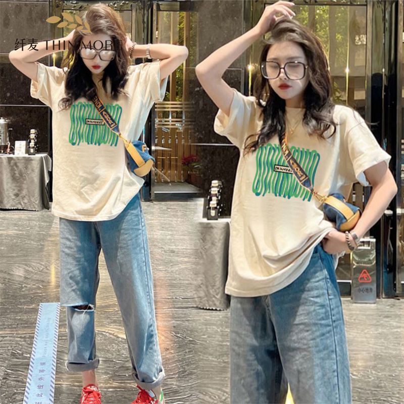 纖麥重磅220G100%純棉短袖T恤女2023年夏季新款韓版寬鬆ins上衣服