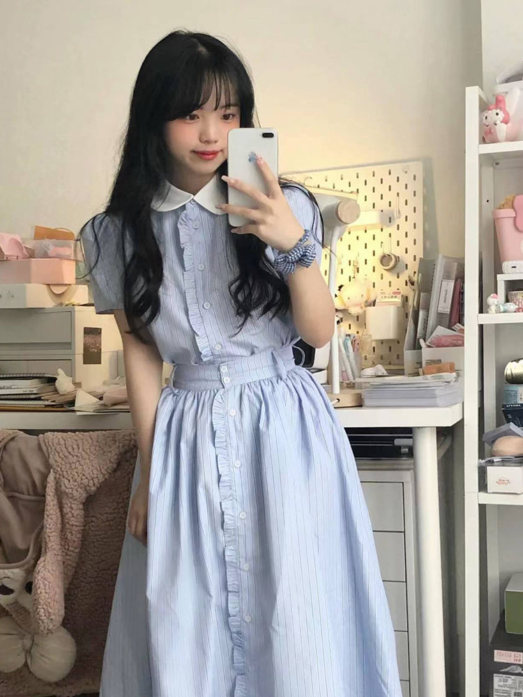 2023夏日上新甜美清新藍條紋連衣裙女學生收腰顯瘦中長款a字裙子