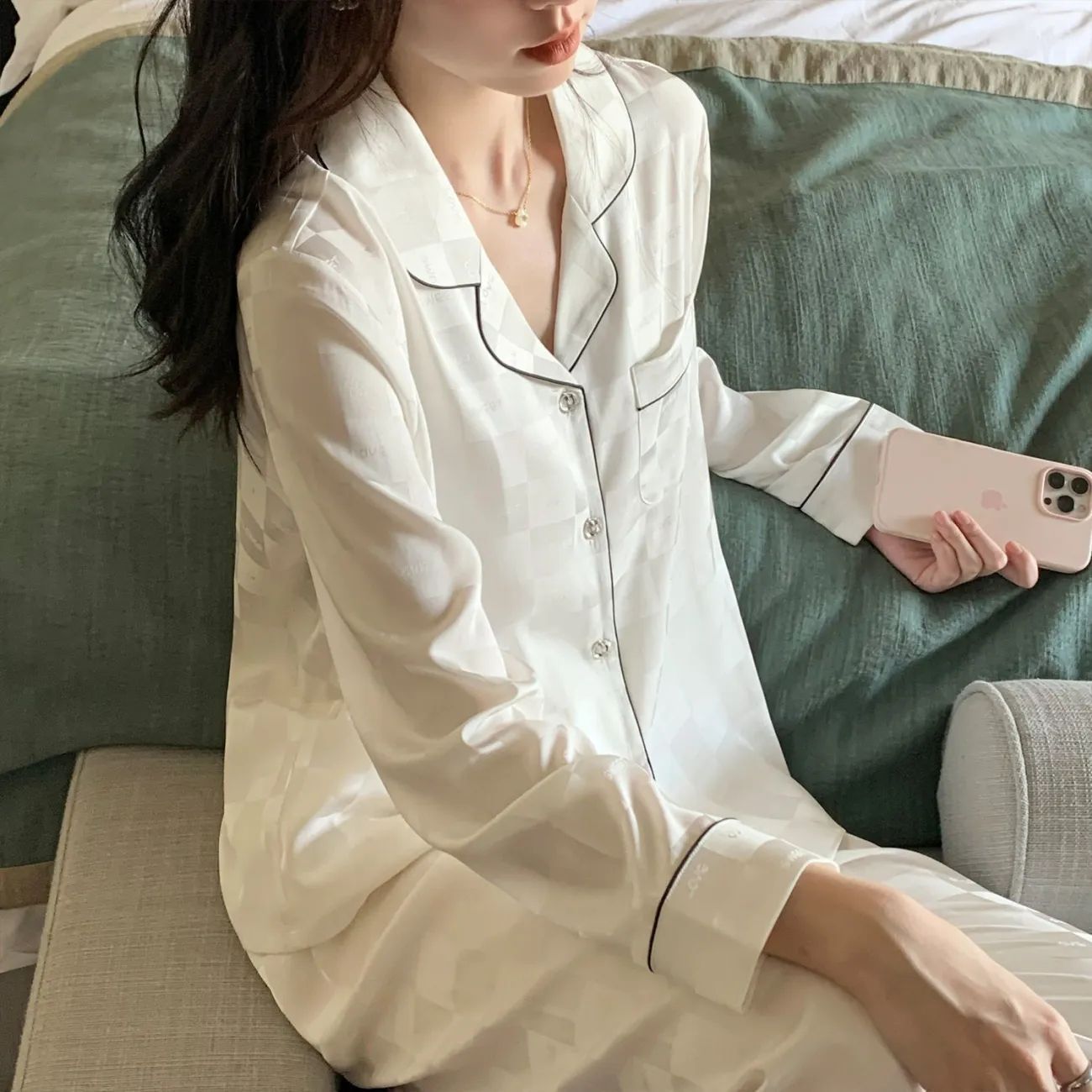Women's spring and autumn pajamas long-sleeved high-quality plaid ice silk thin section sweet net red style summer home service suit