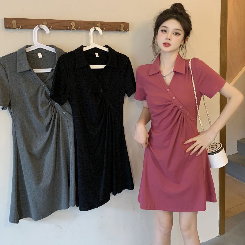 Large size design sense POLO collar irregular dress female summer fat mm slimming cover belly niche skirt 200 catties 300