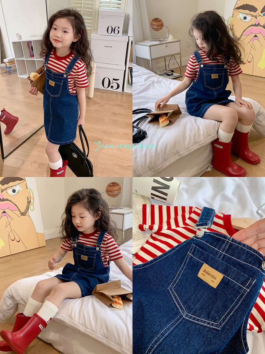 ins風女童夏季2023新款牛仔背帶裙條紋短袖寶寶連體裙百搭時髦潮