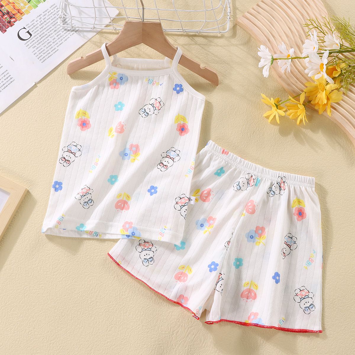 Children's Suspender Skirt Suit Summer Girls Cotton Pajamas Home Clothes Outside Wear Vest Short Skirt Baby Air Conditioning Clothes