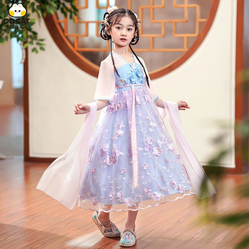 漢服女童古風裙子唐裝連衣裙唐裝短夏新款兒童古裝超仙薄款公主裙