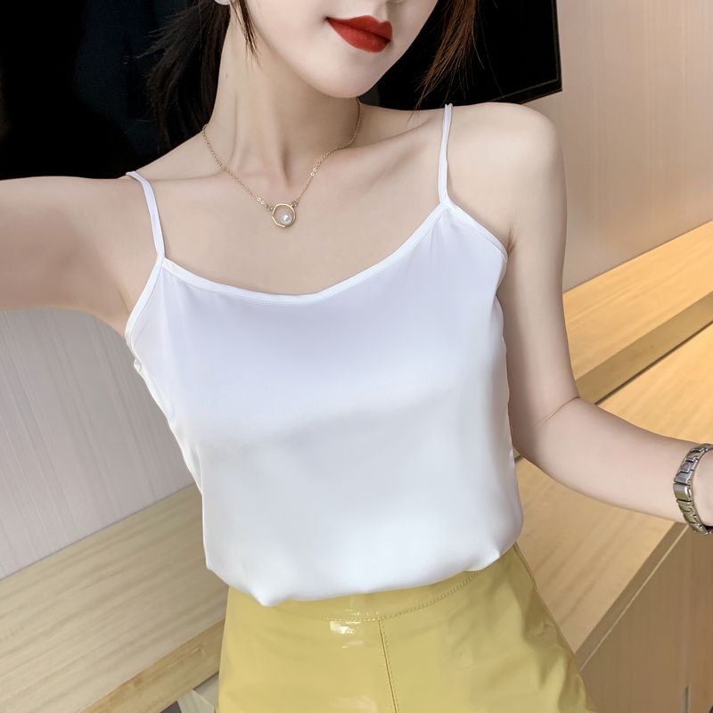 小香風氣質純色緞面小吊帶女夏季新款韓版小個子時尚外穿打底上衣