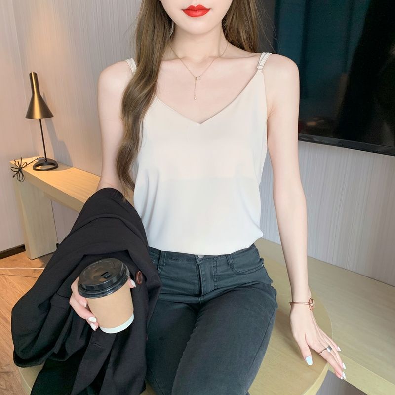 韓版時尚百搭雪紡小吊帶背心女夏季新款外穿內搭純色v領打底上衣