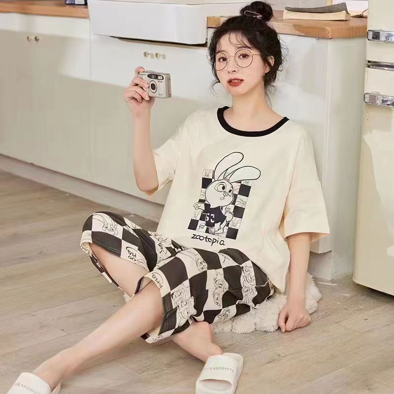 Pajamas for women summer short-sleeved cropped pants Korean style casual cute cartoon two-piece set thin outer wear home clothes set