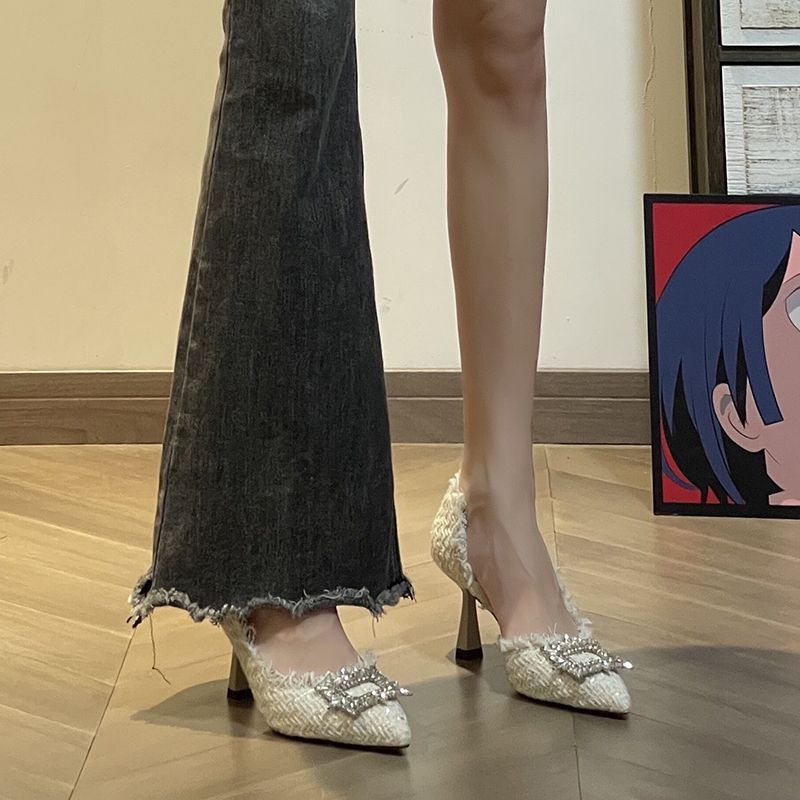 小眾設計白月光尖頭高跟鞋少女細跟2023年春秋季新款法式水鑽單鞋