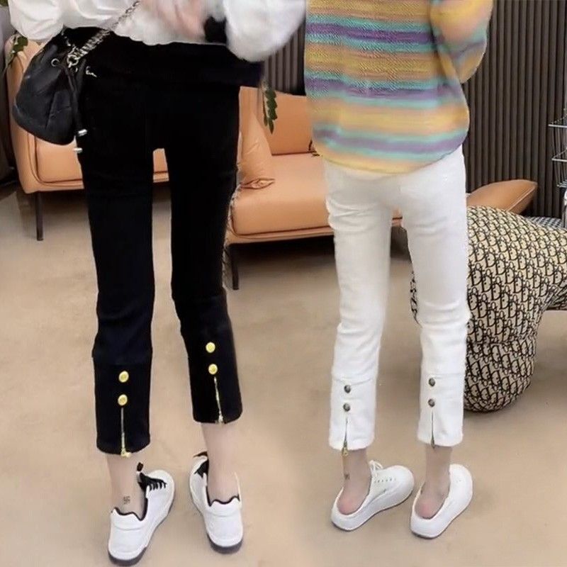 大碼高腰白色褲子女胖妹妹mm春夏新款牛仔褲顯瘦小個子八分煙管褲