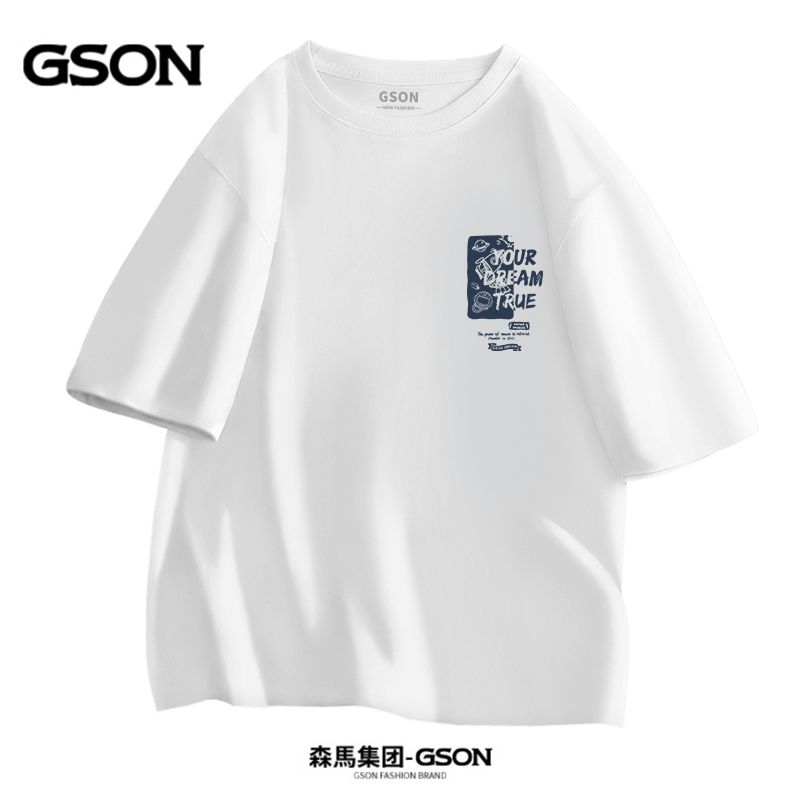 GSON男裝純棉短袖寬鬆大碼半截袖夏季新款休閒百搭打底衫