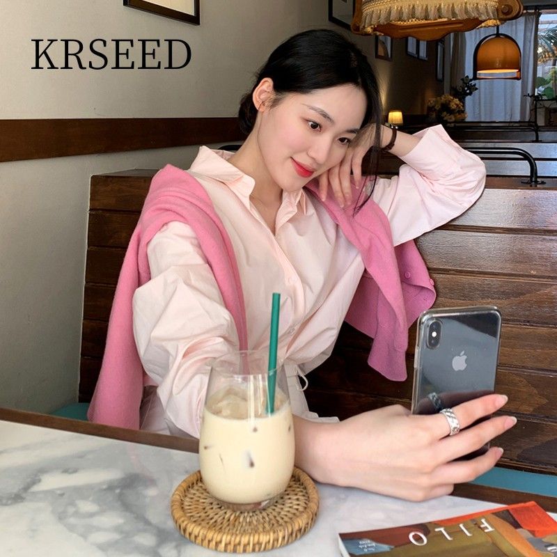 KRSEED粉色襯衫女設計感小眾上衣新款韓版寬鬆休閒港風長袖襯衣