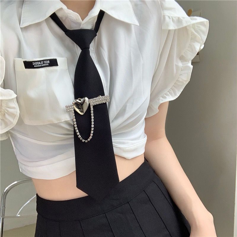 Toccante ragazza piccante ~ Cravatta nera con strass in metallo con personalità femminile, cravatta uniforme stile college JK_voghion.com
