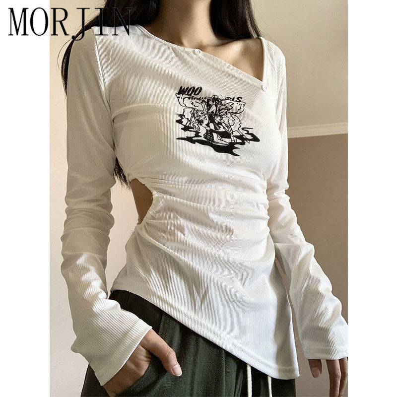 MORJIN American hot girl design sense niche long-sleeved t-shirt female spring and autumn pure desire wind irregular casual clothes