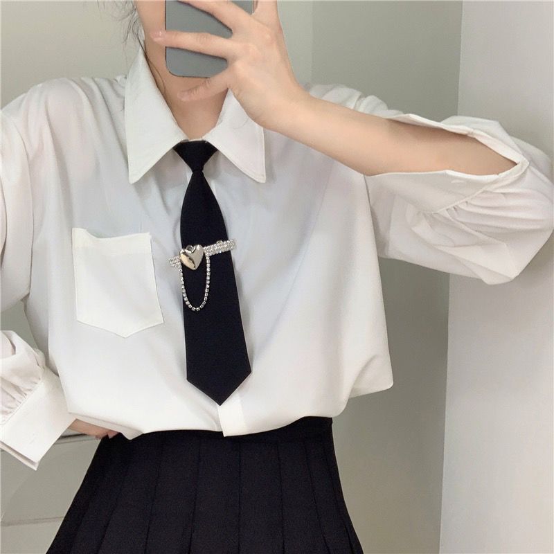 Toccante ragazza piccante ~ Cravatta nera con strass in metallo con personalità femminile, cravatta uniforme stile college JK_voghion.com