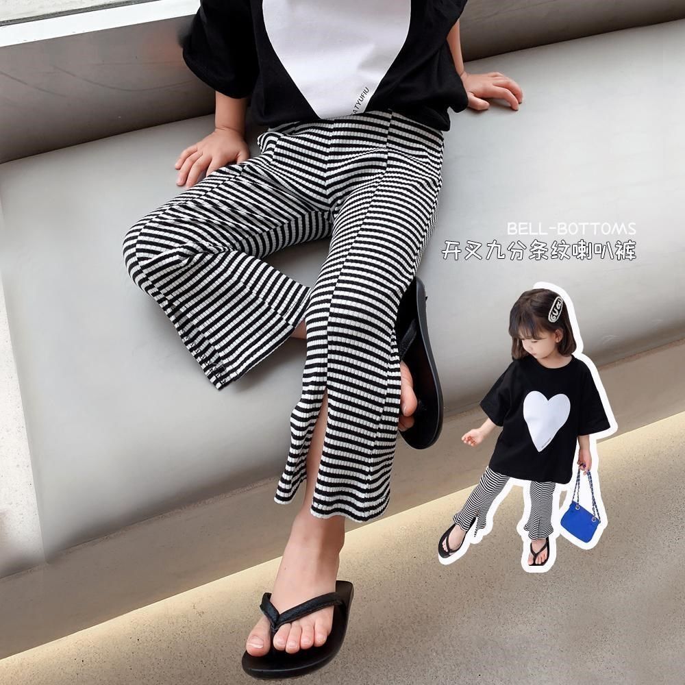 女童春夏裝喇叭褲新款運動打底褲兒童寶寶春秋薄款條紋闊腿九分褲