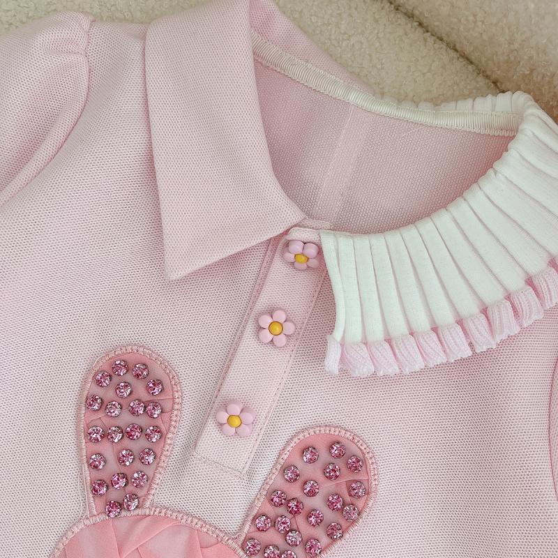 女童时尚不规则polo连衣裙儿童夏季设计感小众卡通兔子粉色卫衣裙