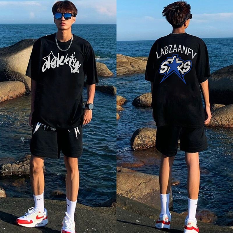 美式hiphop高街潮牌塗鴉字母印花全棉短袖t恤男夏季百搭寬鬆上衣